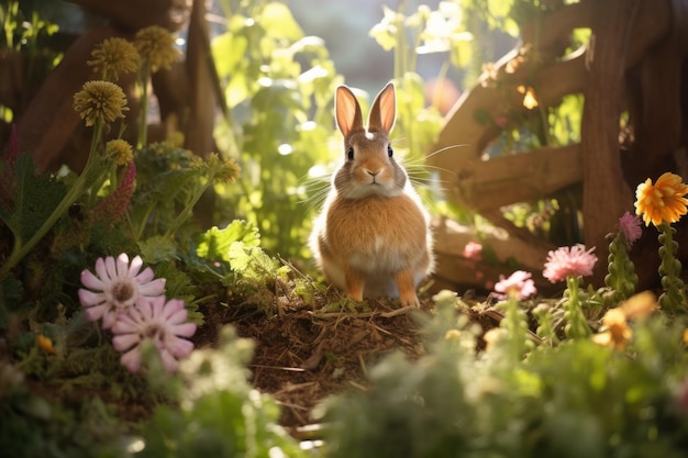 un conejo sentado en un jardín con plantas