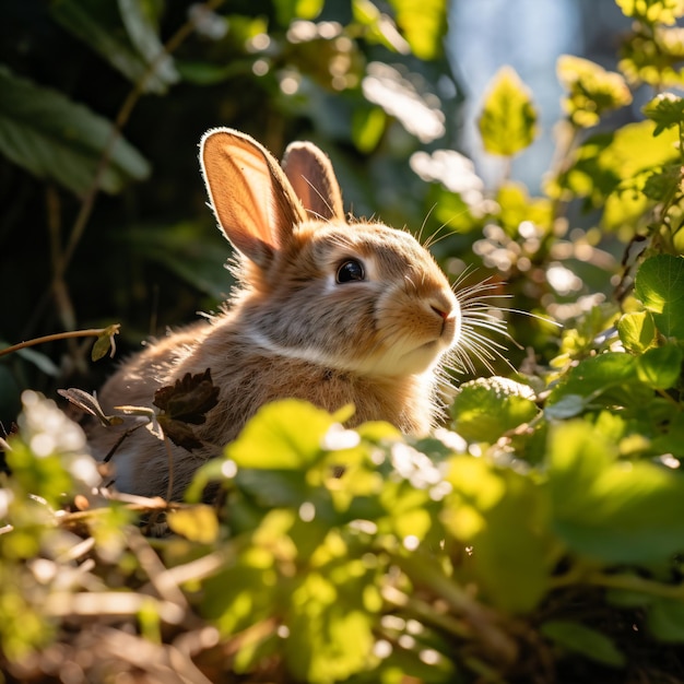 un conejo sentado en medio de un arbusto