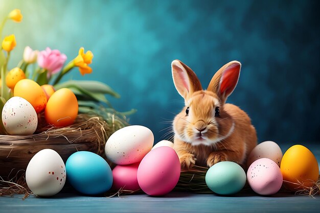 un conejo sentado en el medio de un campo de flores junto a una canasta de huevos de Pascua