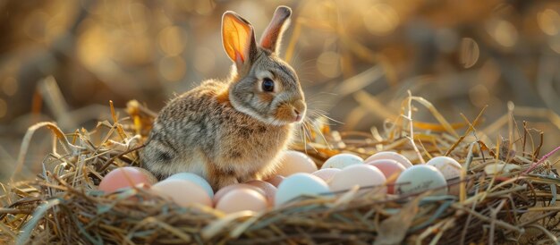 Conejo sentado en un nido con huevos