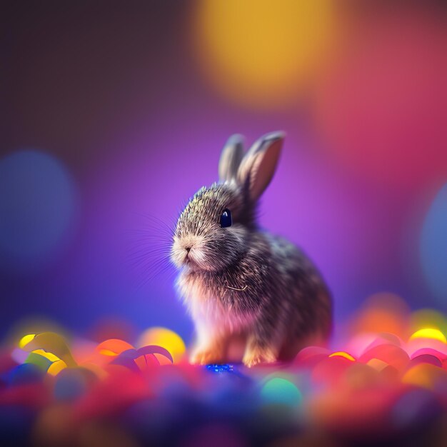 Foto un conejo está sentado en una pantalla colorida con luces de colores en el fondo.