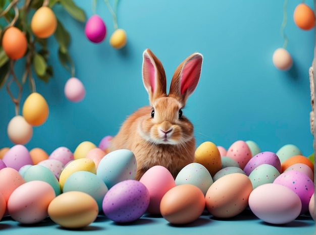 un conejo sentado entre una pila de huevos con un árbol en el fondo