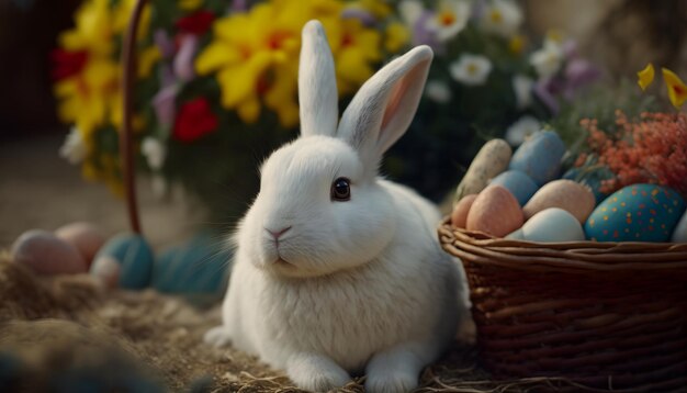 Un conejo se sienta al lado de una canasta de huevos de pascua.