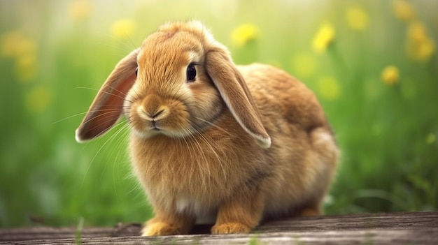 Un conejo se sienta en un banco de madera en un campo de flores.