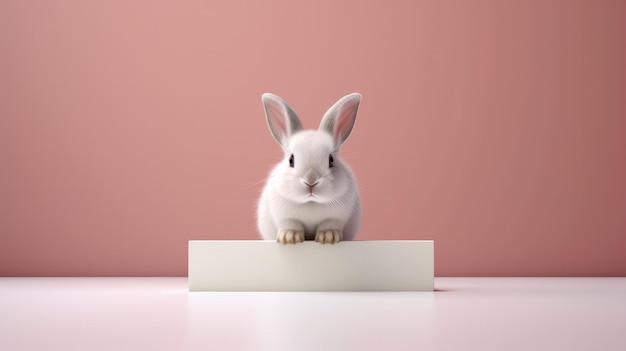 Un conejo se sienta en una caja blanca con un fondo rosa.