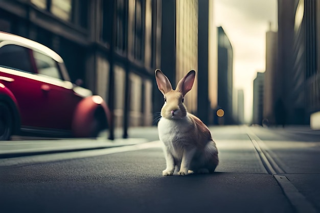 un conejo se sienta en la calle de la ciudad.