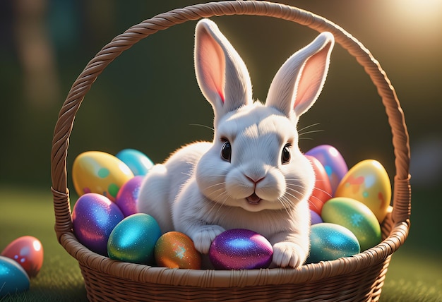 El conejo se sienta en la canasta de huevos de Pascua