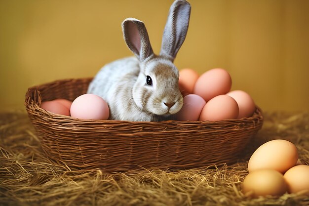 Un conejo se sienta en una canasta de huevos.