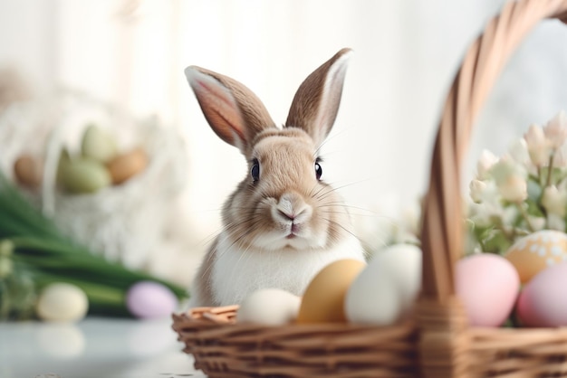 Un conejo se sienta en una canasta con huevos.