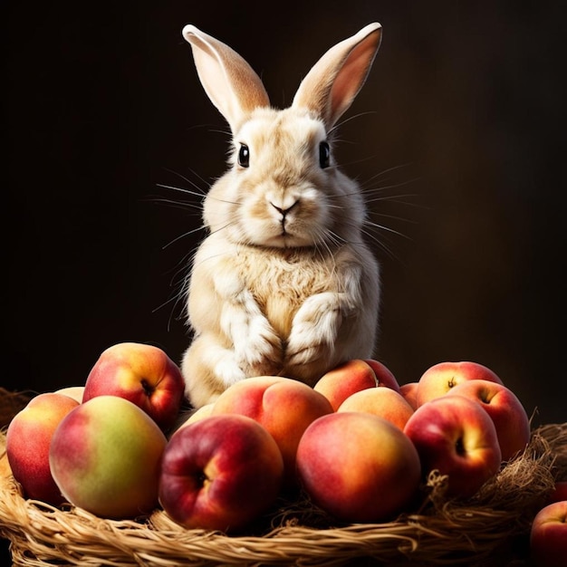 un conejo se sienta en una canasta de manzanas y un conejo