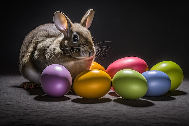 Un conejo se sienta entre coloridos huevos de Pascua.