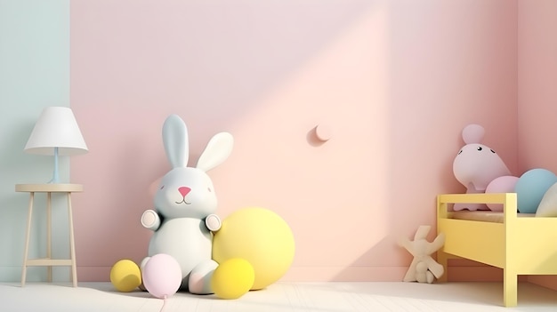 Un conejo se sienta en un estante junto a una pelota con una estrella de mar.
