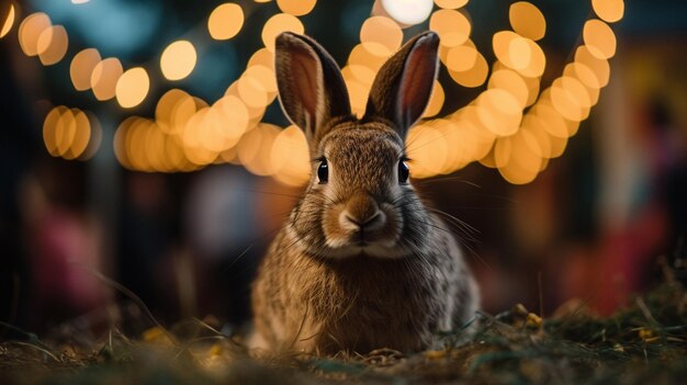 Foto un conejo se sienta frente a un fondo bokeh.