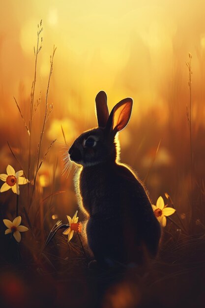 Foto un conejo se sienta en la hierba cerca de una pila de huevos celebración de pascua lugar para texto ia generativa