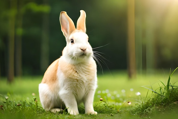 Un conejo se sienta en la hierba frente a un fondo verde.