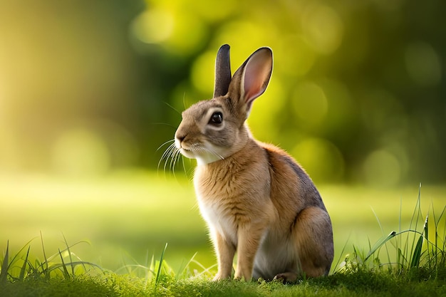 Un conejo se sienta en la hierba con el sol brillando sobre él.