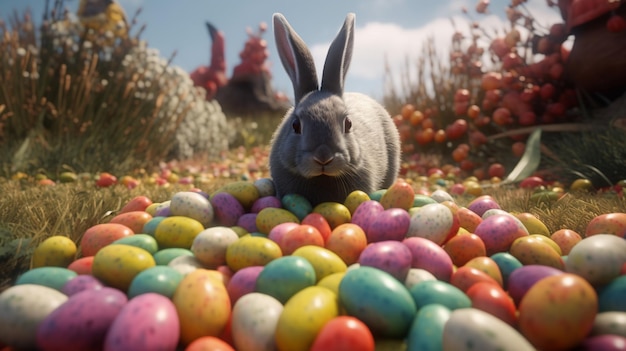 Un conejo se sienta entre los huevos de pascua en un campo.