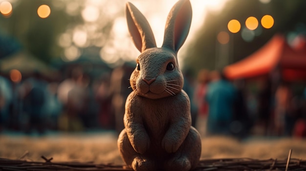 Foto un conejo se sienta en una mesa frente a una multitud.