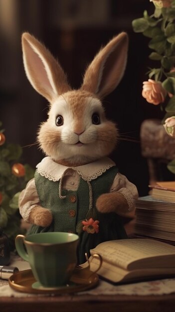 Un conejo se sienta en una mesa con una taza de té y un libro al fondo.