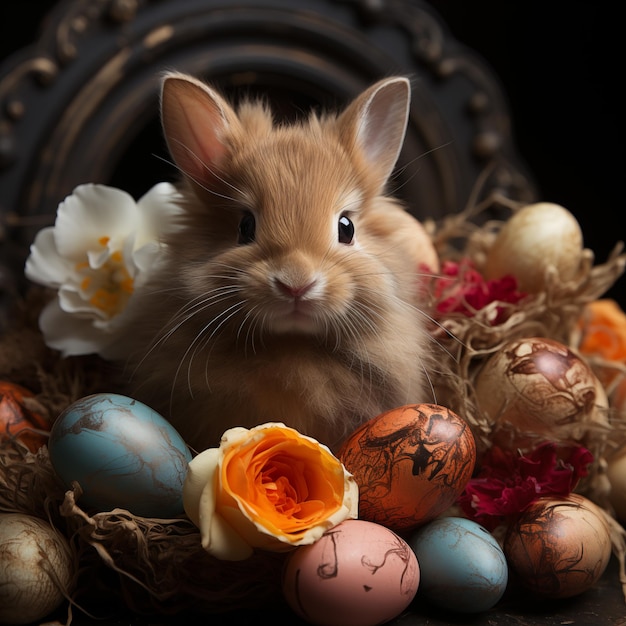 un conejo se sienta en un nido con huevos de Pascua y flores