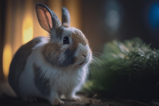 Un conejo se sienta en una roca con un fondo verde.