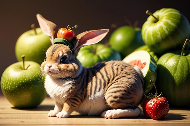 Un conejo se sienta entre sandía, manzana y fresa y disfruta de una comida deliciosa