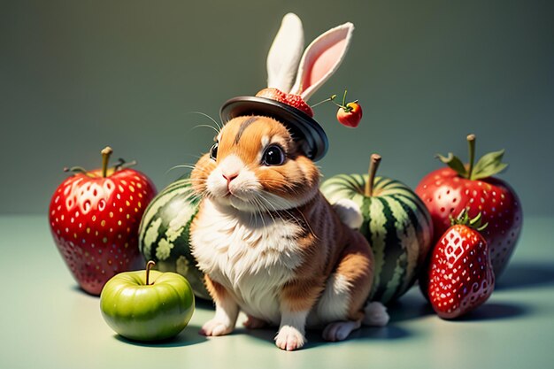 Un conejo se sienta entre sandía, manzana y fresa y disfruta de una comida deliciosa