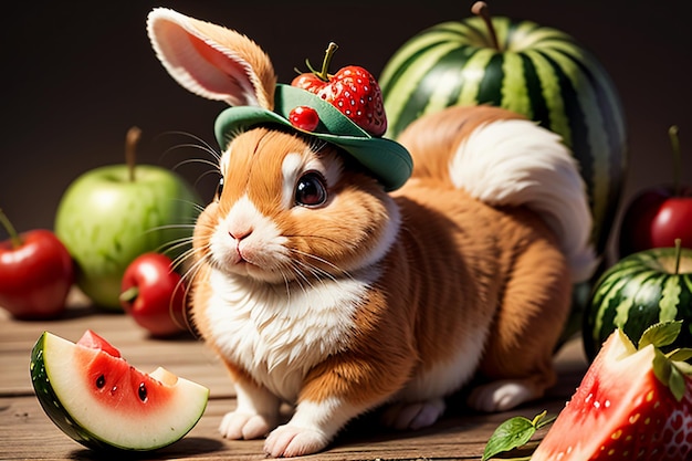 Un conejo se sienta entre sandía, manzana y fresa y disfruta de una comida deliciosa