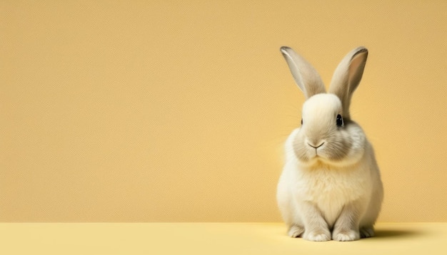 Un conejo se sienta sobre un fondo amarillo con la palabra conejito en él.