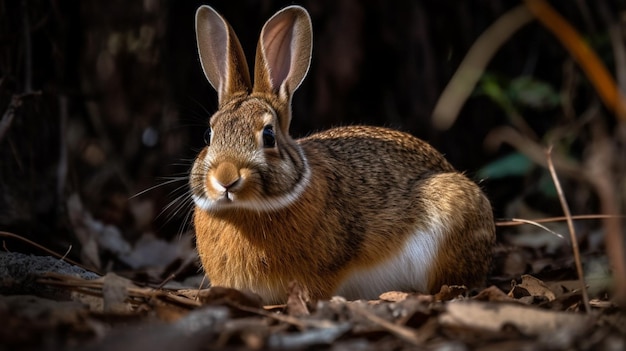 Un conejo se sienta en el suelo en un bosque.