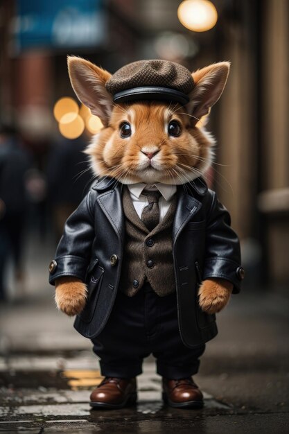 Foto conejo con sombrero y chaqueta de cuero de pie en la calle