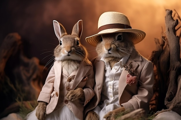 conejo en un sombrero un traje conejo pareja en ropa de fiesta conejo festivo felicitaciones invitaciones cumpleaños de Pascua copiar espacio en un fondo oscuro