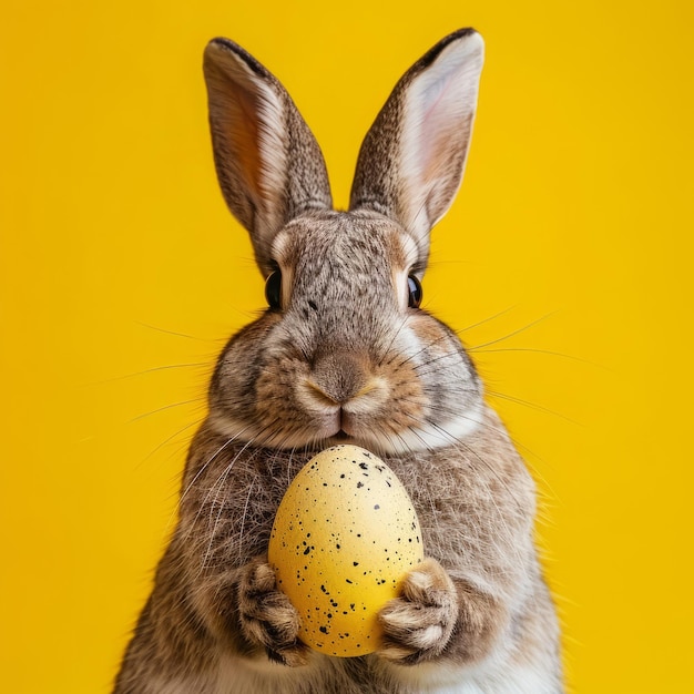 Conejo sosteniendo un huevo en la boca Animales lindos con símbolo de Pascua