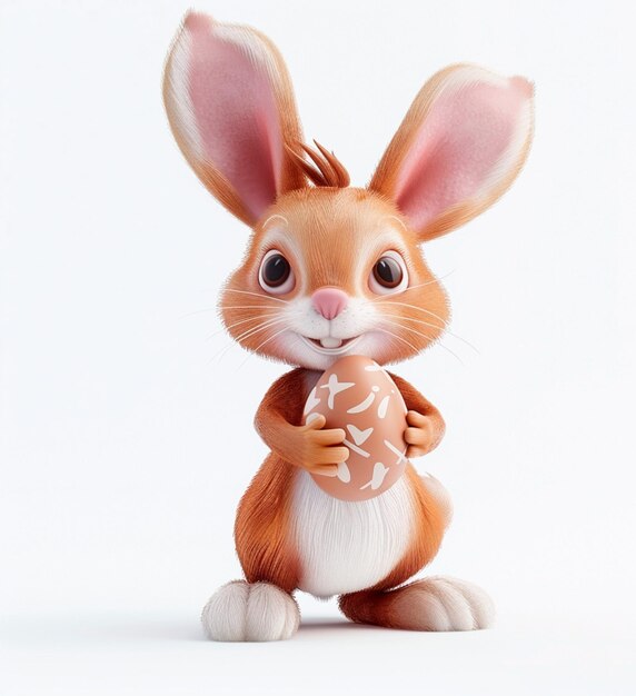 Conejo sosteniendo un huevo de chocolate 3D en fondo blanco