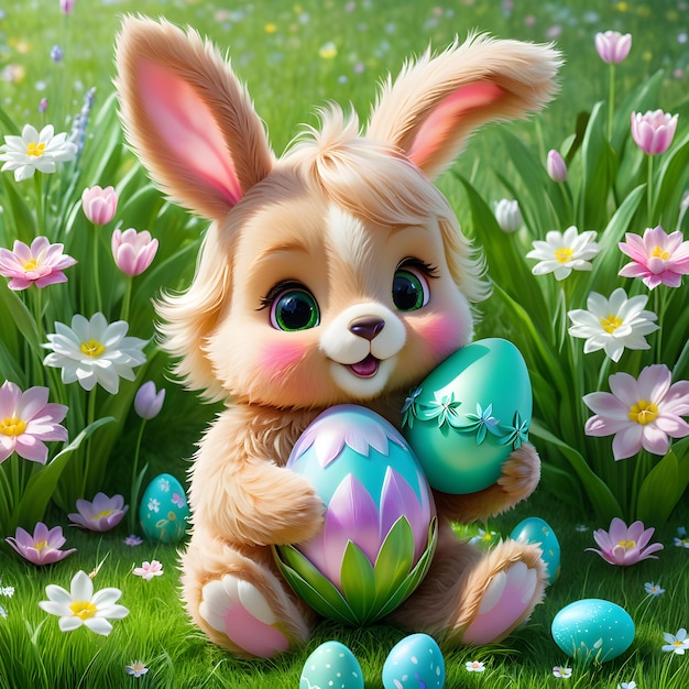 un conejo sosteniendo un huevo con un conejo en el césped