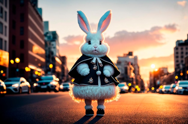 Conejo superhéroe Conejito blanco con un disfraz fantástico IA generativa