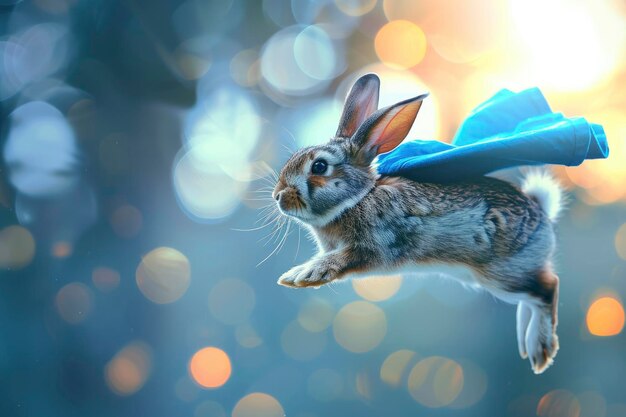 Un conejo superhéroe volando contra un fondo bokeh mientras lleva una capa azul