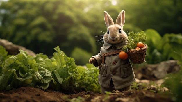 Conejo en el telón de fondo de un jardín de verduras