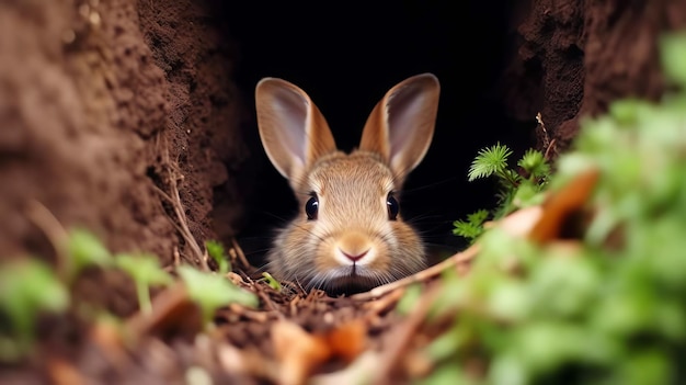 Un conejo tímido asomándose por su madriguera generado por IA