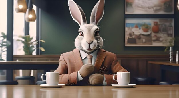 Un conejo en un traje se sienta en una mesa con una taza de café generativo ai