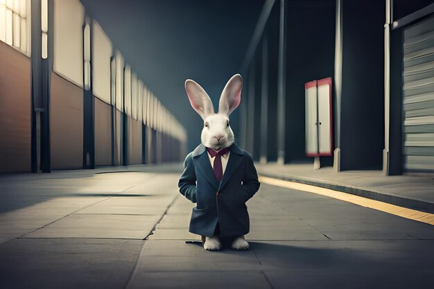 Foto un conejo en un traje con un traje en la parte de atrás de su traje