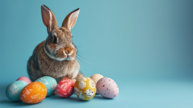 Un conejo tranquilo sentado entre huevos de Pascua pintados de colores sobre un fondo azul