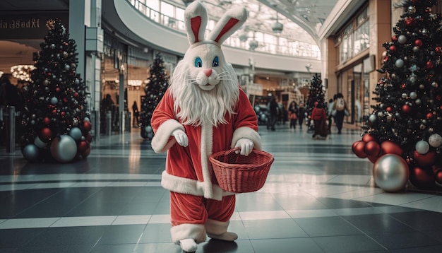 un conejo vestido como un conejo con una canasta que dice conejo en él