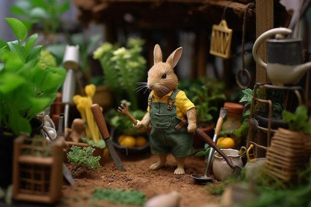 un conejo vestido de jardinero rodeado de pequeñas herramientas de jardinería y plantas florecientes