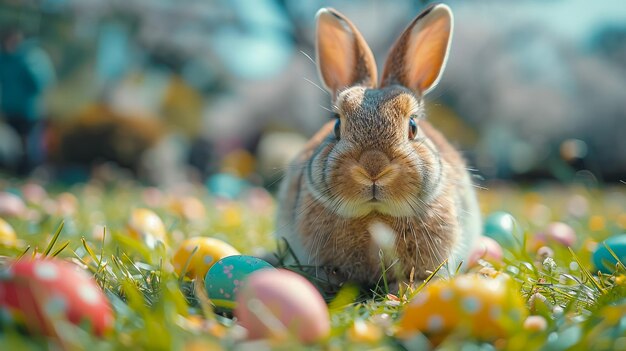 Conejos belleza diseño artístico de lindo conejo de Pascua en el prado flores de primavera y hierba verde rayos de sol