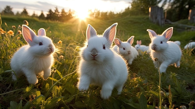 Los conejos blancos y esponjosos saltan y se unen a través de un pintoresco prado sus abrigos peludos tan esponjosos como las nubes irradian una sensación de pureza e inocencia generados por la IA