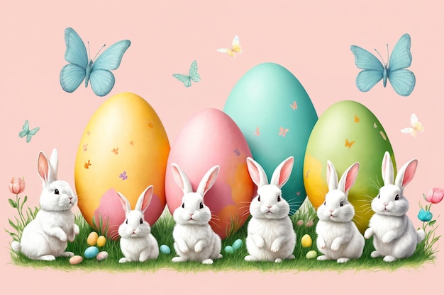 Conejos blancos de Pascua en diferentes poses y ilustraciones de huevos de Pascua sobre el fondo de color