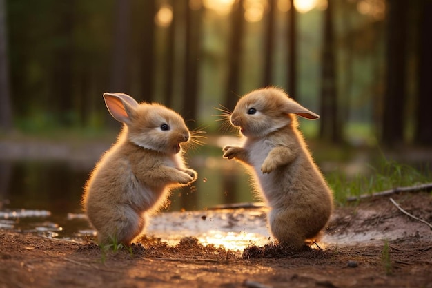 Conejos en el bosque, el sol brilla en el fondo.