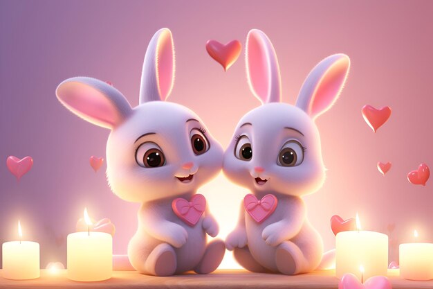 Conejos de dibujos animados enamorados con corazones en un fondo rosa Día de San Valentín