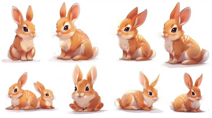 Foto conejos de dibujos animados lindos en varias poses 2